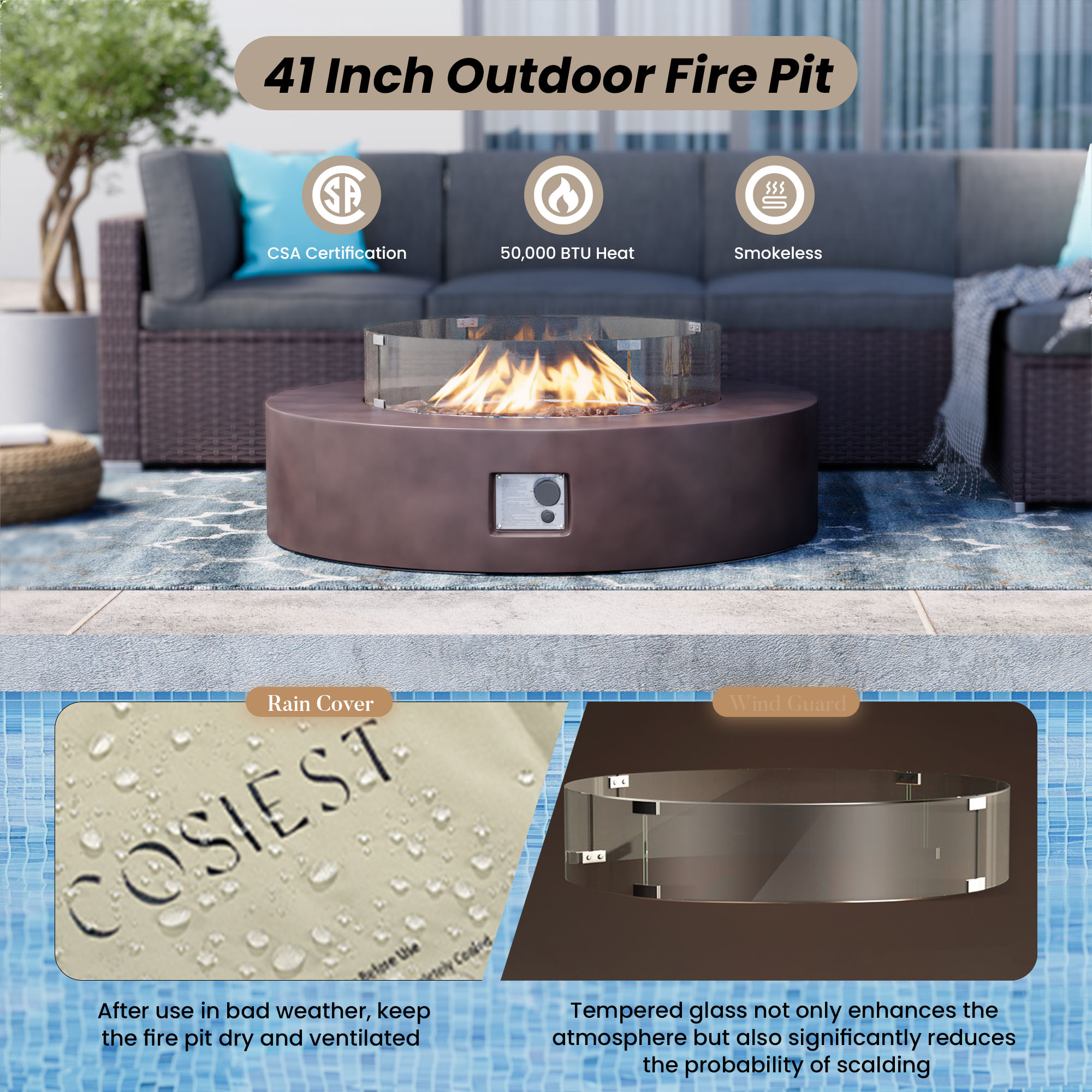 VENTOPYR Outdoor Propane Bronze Round Lightweight Concrete Fire Pit Coffee Table Patio Heater, Wind Guard