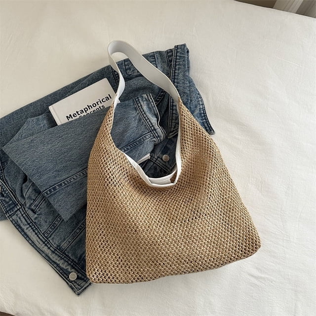 Xiao Hua Bolso de hombro tejido para mujer, bolso de mano y neceser, elegante bolso de playa para verano, 32 x 11 x 35 cm (blanco)