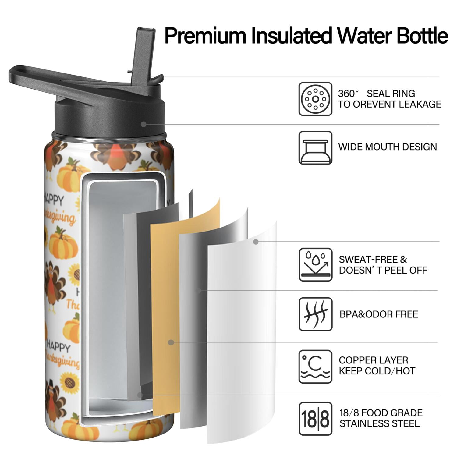 Double Walled Insulated 18oz Stainless Steel Sports Holiday Gifts Themed Water Bottle with Handle Lids Wide Mouth, Leakproof, 24Hrs Cold 12Hrs Hot, Gym Flask for Holiday Gifts Themed Lovers