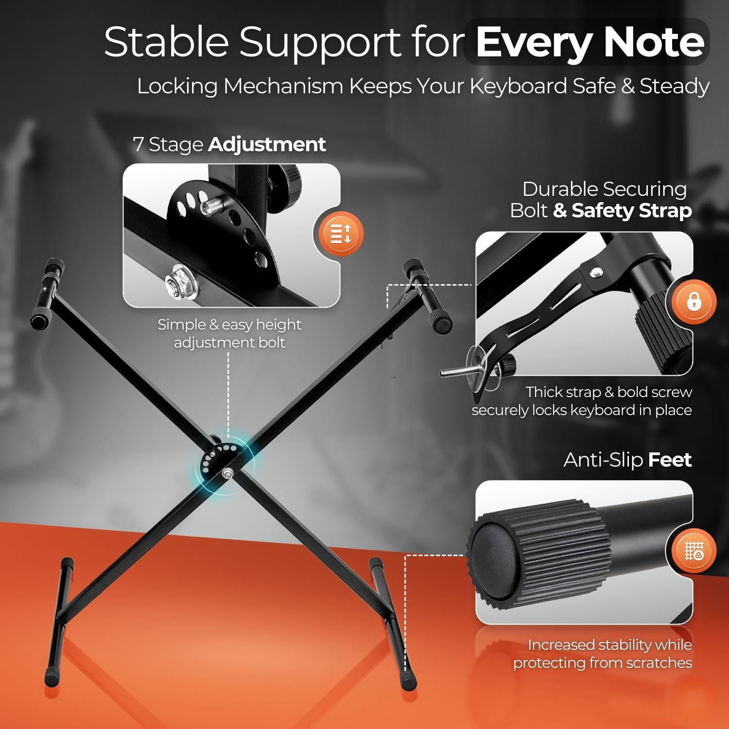 Digital Piano Keyboard Stand Musician Electric Organ Piano Stand Single Tube X Stand Type, 7 Position Folding Adjustable Height Keyboard Stands Metal Braced Rack Portable with Locking Straps