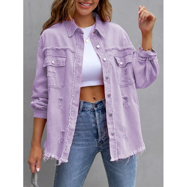 SEARIPE Women's Casual Denim Jacket Frayed Hem Ripped Long Sleeve Jean ...