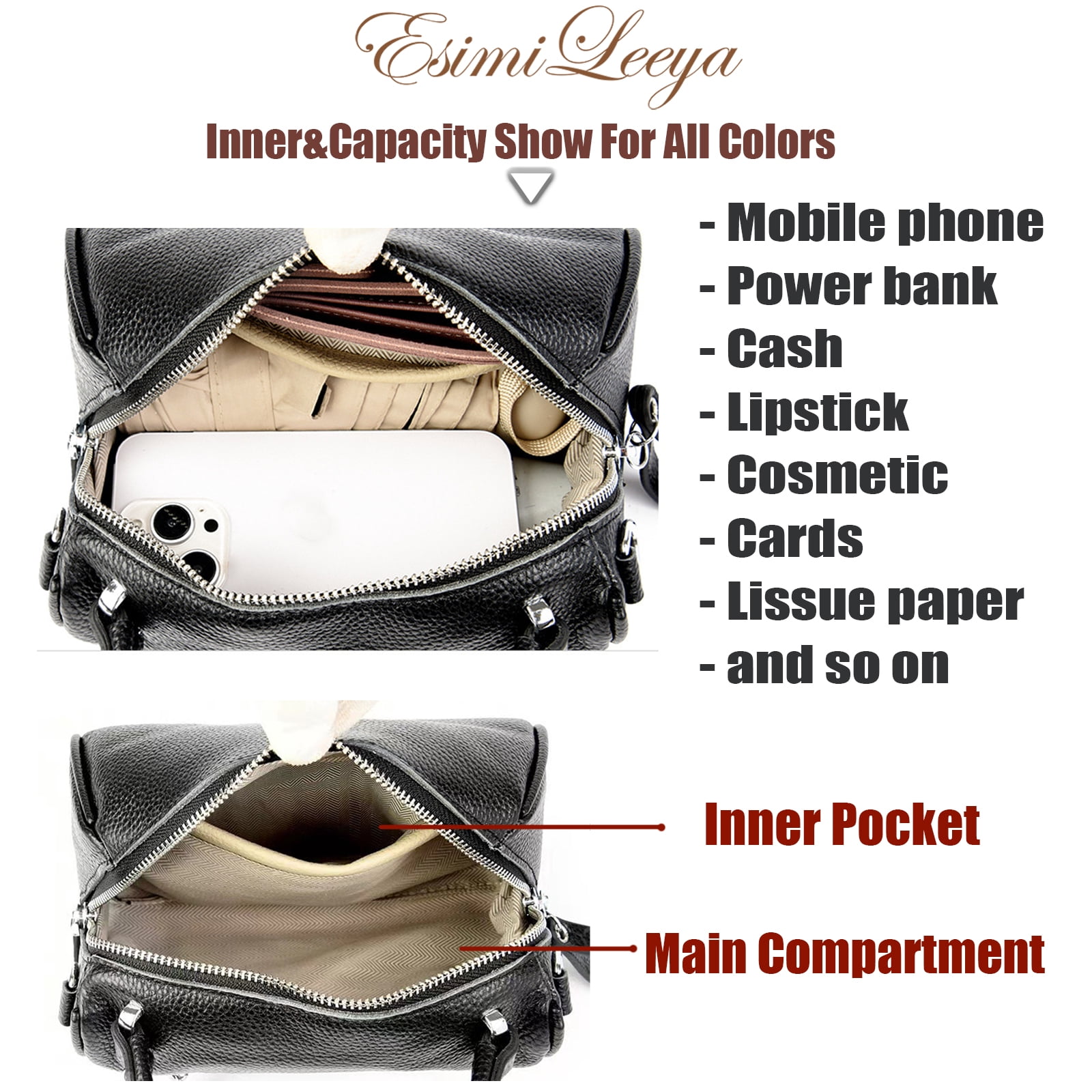 PORT&LOTUS Small Boston Bag Genuine Leather Crossbody Bag  Handbag for Women with Hand Strap and Adjustable Shoulder Strap.