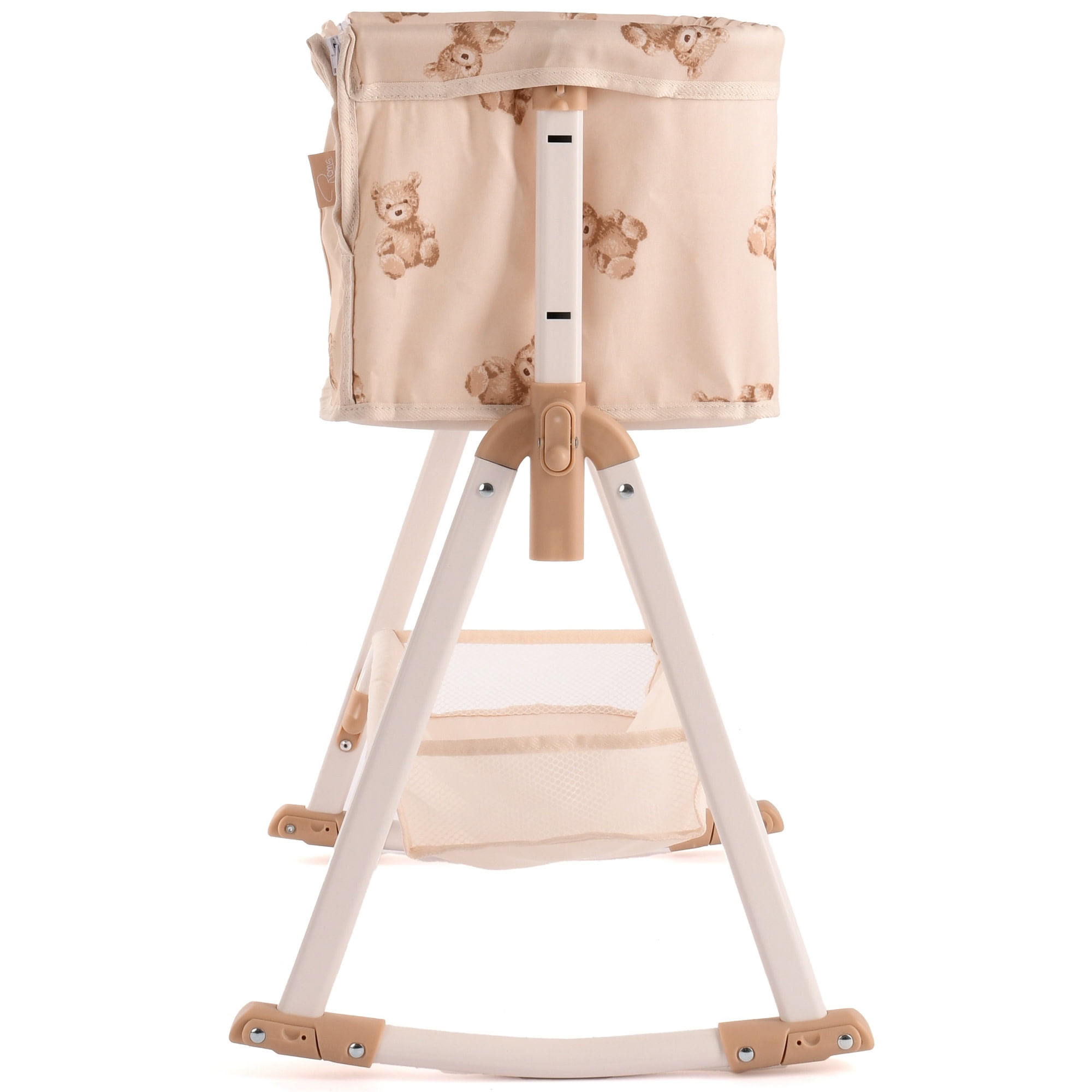 Roma Prams: Teddy Doll Bedside Crib - Beige & Bear, Rocking & Stationary, Bedtime Accessory, Adjustable Station Height, Storage, Roleplay Toy, Kids 3+