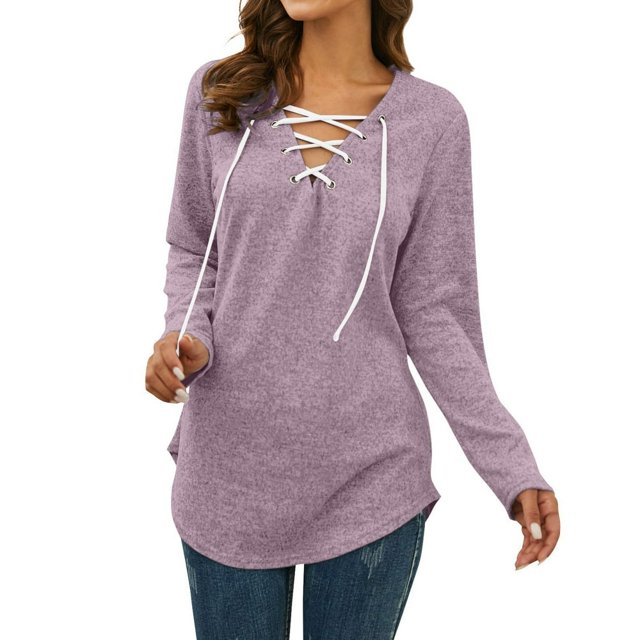 AMERTEER Women‘s Solid Color Long Sleeve Printed Top Pink M