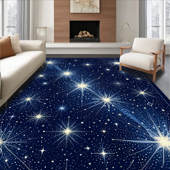 ODIKA 4'x6' Machine Washable Non-Slip Area Rug, Celestial Path Starburst Constellation High Traffic Rug, Blue, 201340