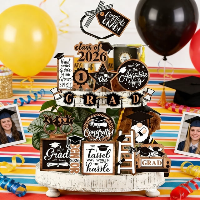 Tong 2026 Graduation Tiered Tray 20 PCS Wooden Graduation Class Of 2026 Grad Party Signs For Home School Graduation Party Senior 2026 Grad