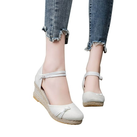 

Jacenvly 2024 New Knitted Round Toe Bow Wedge Sandals Women s High Heel Summer Casual Baotou Back Empty Sandals White Sandals for Women Clearance