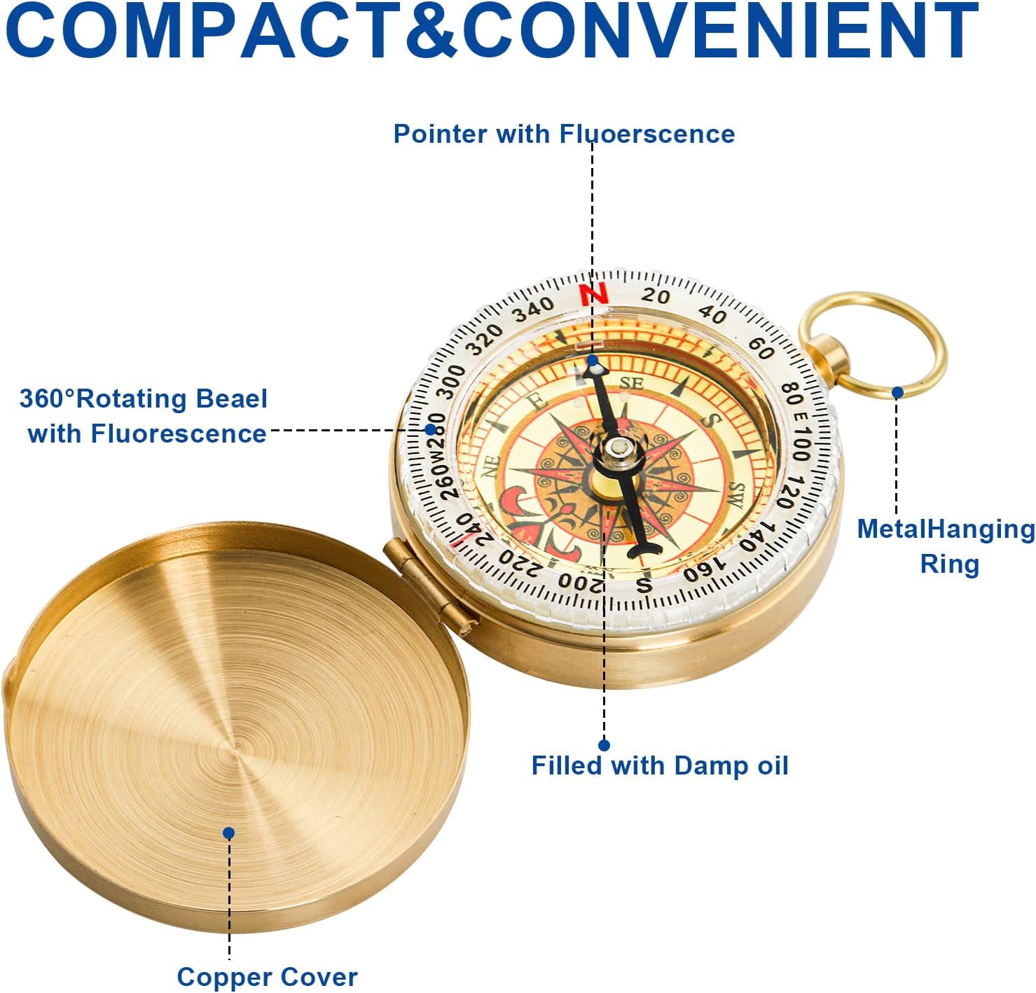 Classic Copper Clamshell Glow in The Dark Military Survival Gear Compass - Waterproof Luminous Compass for Hiking, Camping, Hunting, Climbing