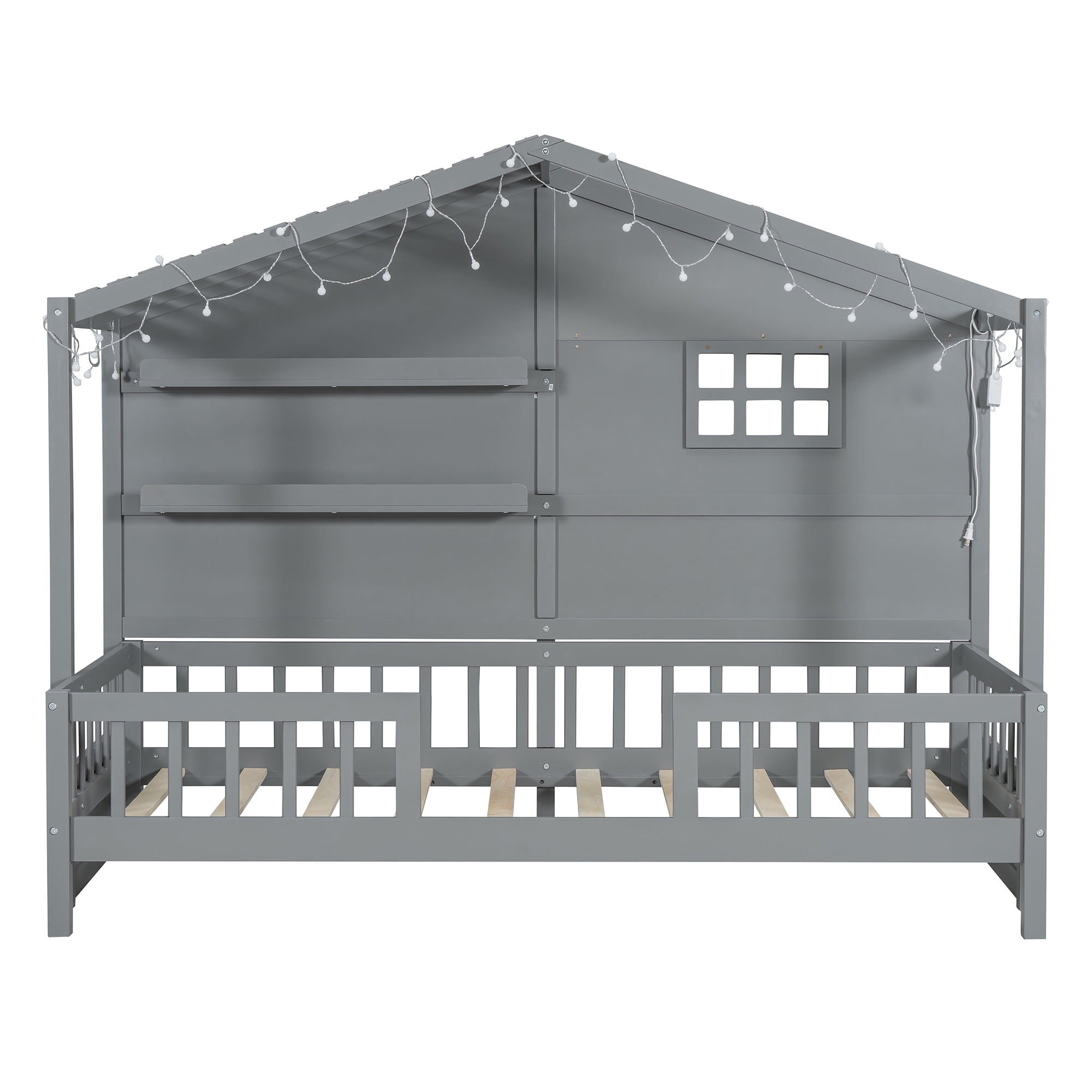 Mintazer Twin House Bed with LED String Lights & Storage Shelves, Toddler Montessori Bed Frame with Guardrails for Kids, Gray