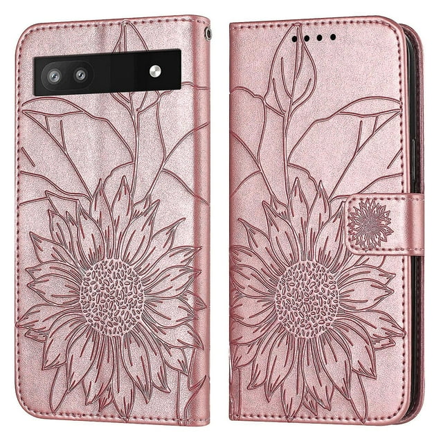 Funda tipo cartera con girasoles grabados para Google Pixel 6a: elegante, multifuncional y con protección total.