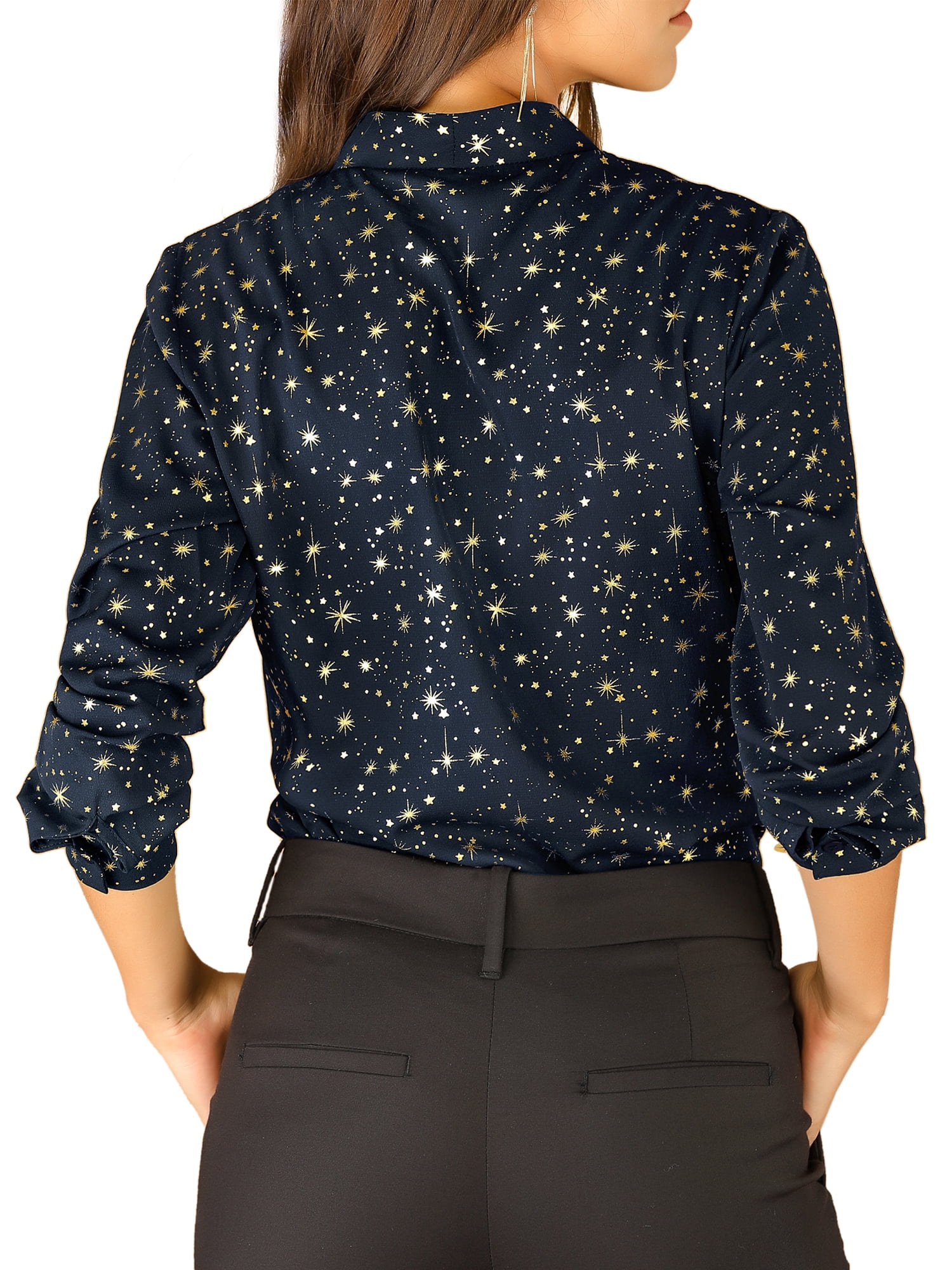 DARING DIVA Stand Collar Metallic Dots Stars Blouse Top M Dark Blue