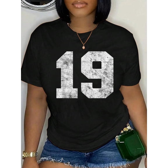 100% Cotton Vintage Lucky Number 19 Birthday Sports Player Team Athlete T-Shirt Women's Graphic Tee Casual Tops