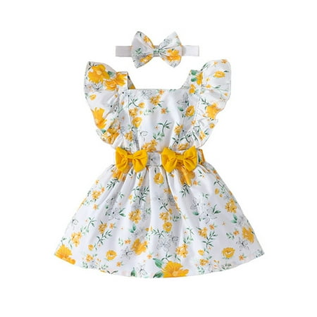 

Lieserram Toddler Baby Girls Floral Dress 6 8 12 18 24 Months Summer Casual Ruffle Flying Sleeve Dress and Headband for Party