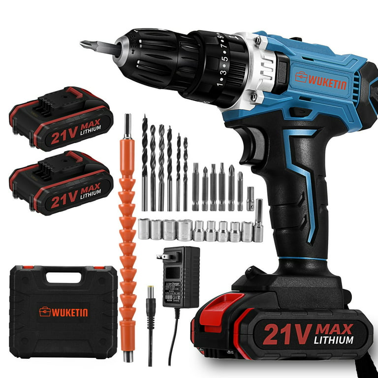 BLUELK 21V Cordless Drill/Driver Kit, 3/8-inch Electric Drill Set with 2  Batteries, Variable Speed 