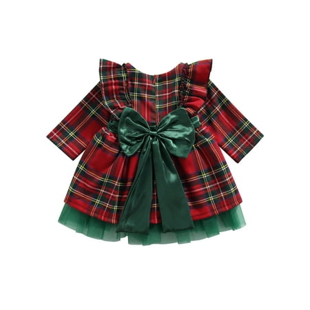 

Kuriozud Newborn Christmas Dress Baby Girls Plaid Fly Sleeve Round Neck Mesh Patchwork