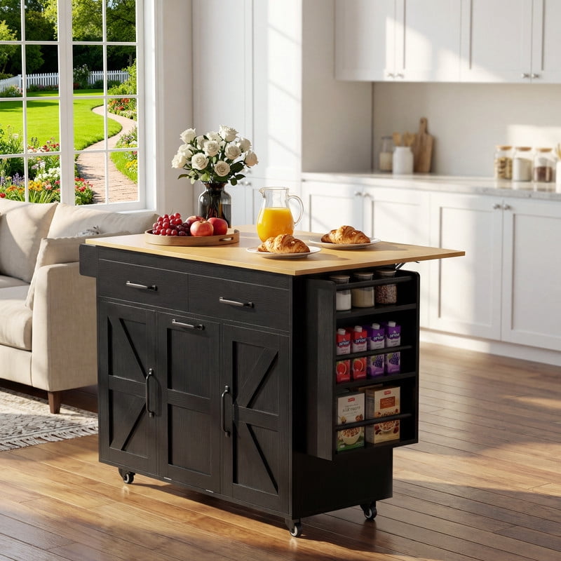 Vineego Rolling Kitchen Island with Storage, Mobile Kitchen Cart on Wheels with Drop Leaf Countertop, Drawers, Barn Doors & Side Shelves, Black with Natural Wood Top