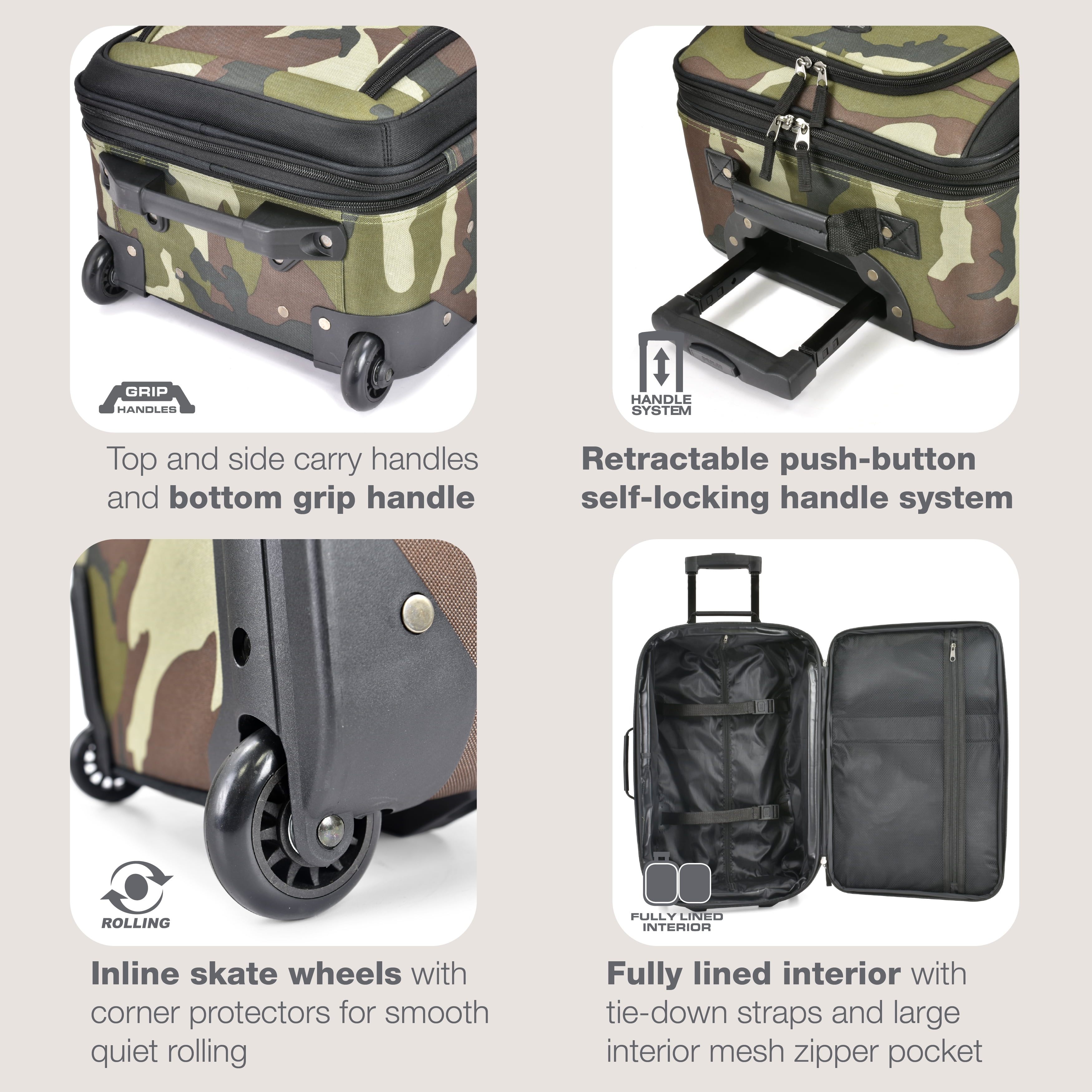 U.S. Traveler Rio Rugged Fabric Expandable Carry-on Luggage, 2 Rolling Suitcase, Camouflage, 2-Piece