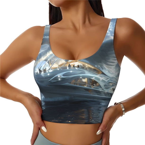 Balery Fantasy Swan Yacht Design Sujetadores deportivos con espalda cruzada para mujer, acolchados, sin costuras, de alto impacto, ideales para yoga, gimnasio, entrenamiento y fitness.-XX-Large