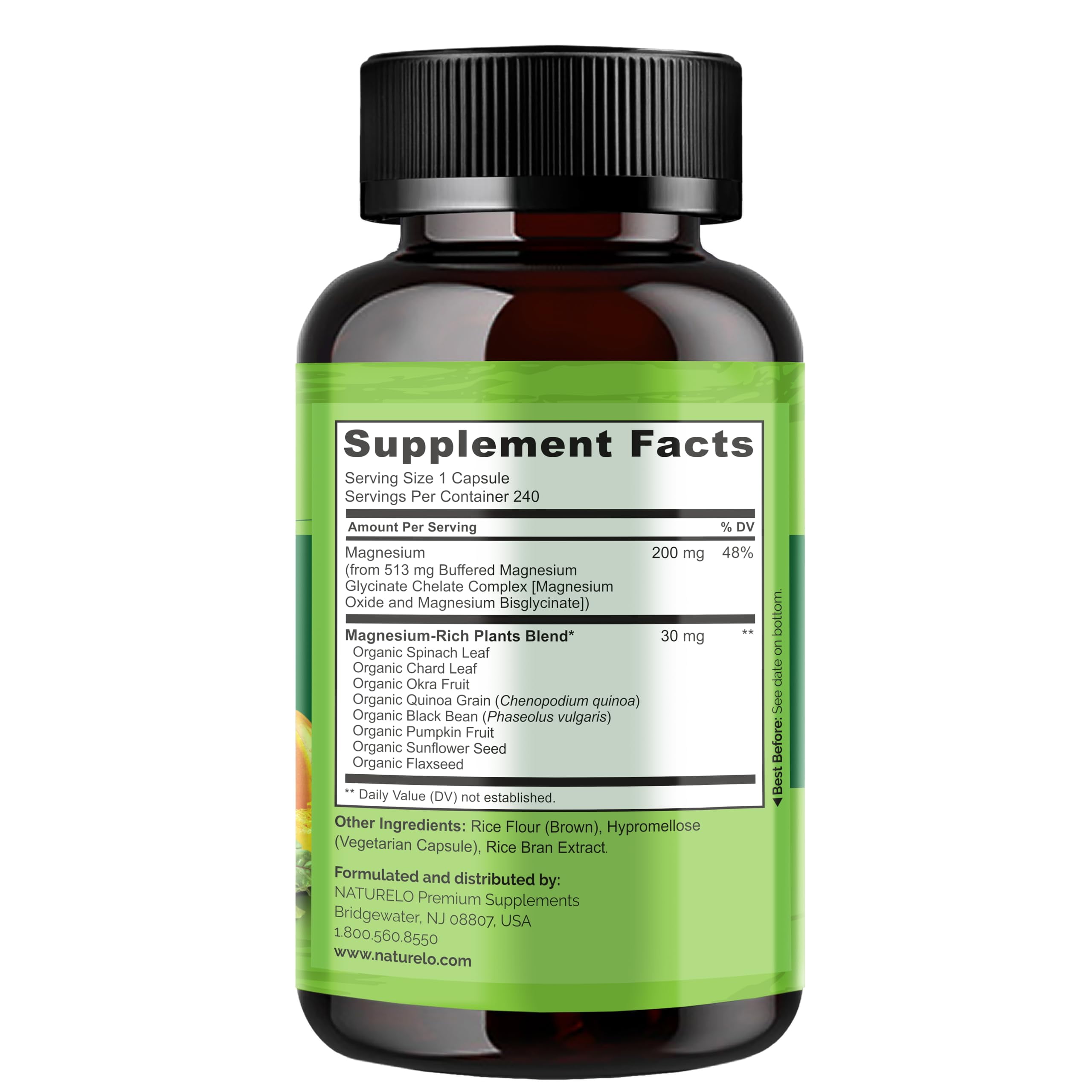 NATURELO Magnesium Glycinate Chelate Complex - 200 mg Magnesium with Organic Vegetables to Support Sleep, Calm, Muscle Cramp & Stress Relief - Gluten Free, Non GMO - 240 Capsules