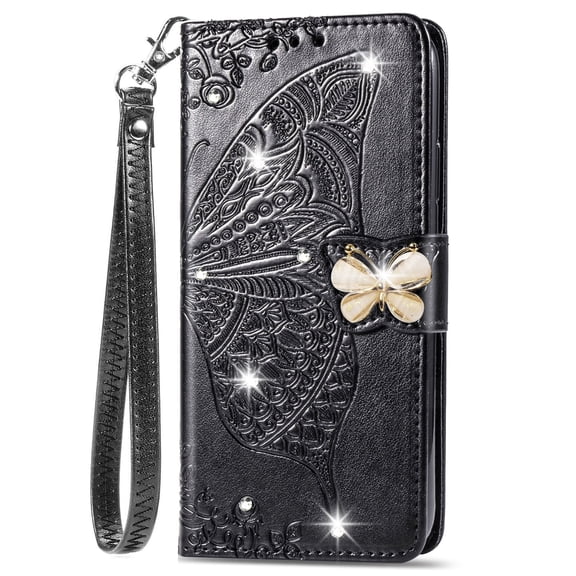 Allytechgroup Wallet Case for iPhone 16e, Bling Sparkly Diamond PU Leather Phone Case with Credit Card Slot Wirst Strap Support Wireless Charging Shockproof Bumper for Women Girls, Black
