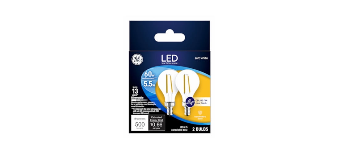 GE 24309 LED Light Bulb A15 E12 (Candelabra) Soft White 60 Watt Equivalence Clear Pair