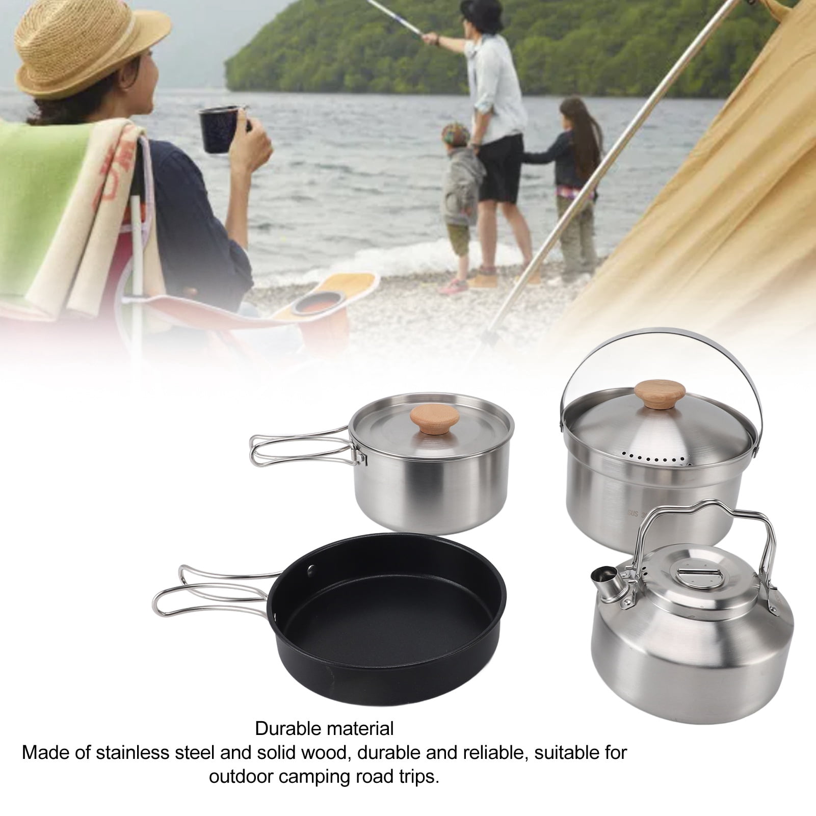 M Buder Camping Cookware Set Stainless Steel Pot Pan Kettle Kit Portable Lightweight Outdoor Cooking Set for Travel Backpacking Hiking Picnic 4 Pieces