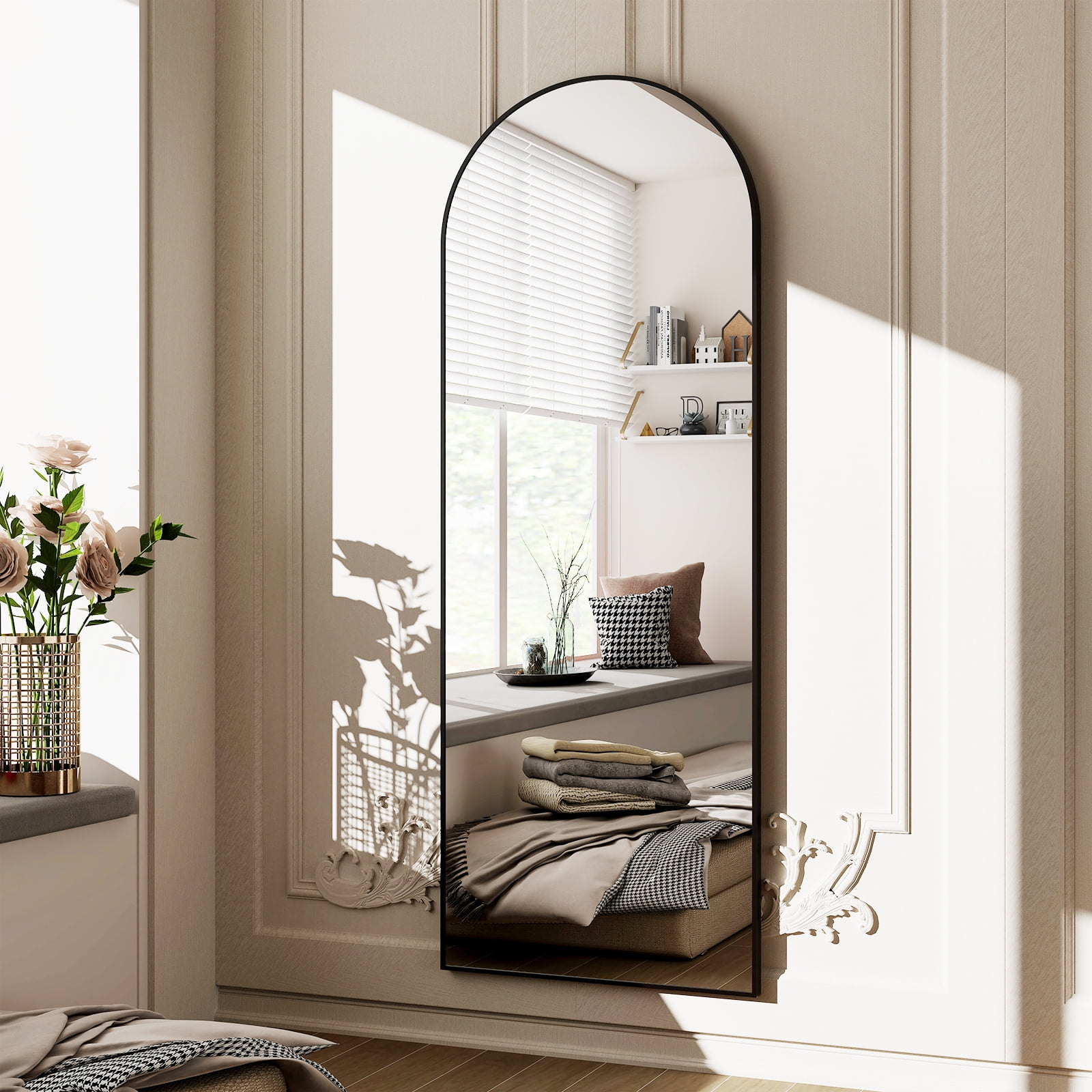 Mirstory 64"x21" Floor Mirror Arched Full Body Dressing Mirror, Black