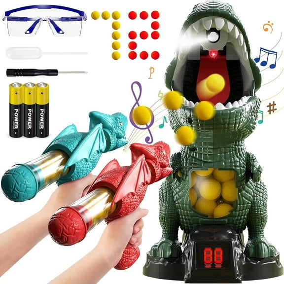 Dinosaur Toys for Kids 3-5, Shooting Toy for Boys Girls, Movable Target Shooting Games with 1 Air Pump Launcher, 12 Foam Balls, LED Score Record, Spray Effect, Competition Gift