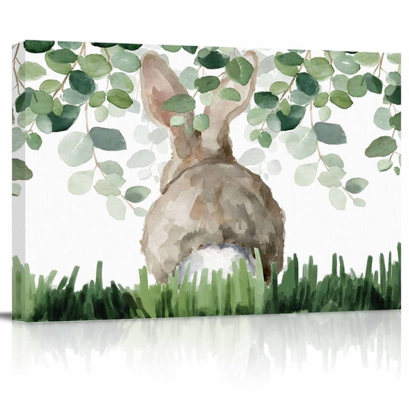 Easter Rabbit Canvas Print Wall Art Spring Watercolor Bunny Leaf Grass Pictures Painting Morden Artwork for Living Room Bedroom, Ready to Hang - 12"x16"