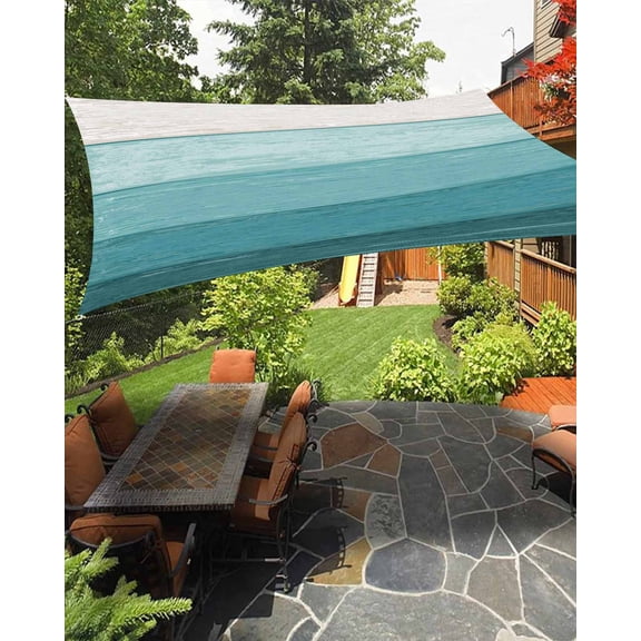 Sun Shade Sail 12x16Ft Teal Blue Striped Gradient Rustic Wood Board Uv Block Sunshade Canopy Outdoor Shade Cover Rectangle Shade Cloth For Patio Garden Yard Deck Pergola