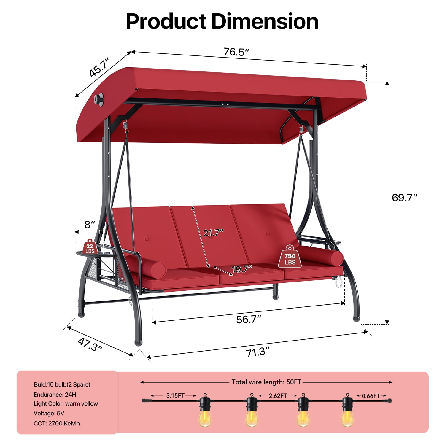 BaPiPro Red 3-Seat Metal Outdoor Patio Swing with String Lighting, 2-in-1 Convertible Swing Bed, Adjustable Canopy, Removable Cushions & Foldable Side Table for Garden Porch Deck
