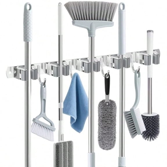 Broom Holder Wall Mount Broom Organizer Wall Mount Stainless Steel Broom and Mop Hanger Heavy Duty Storage Organization for Home Kitchen Garden Garage Room 5 Racks 4 Hooks