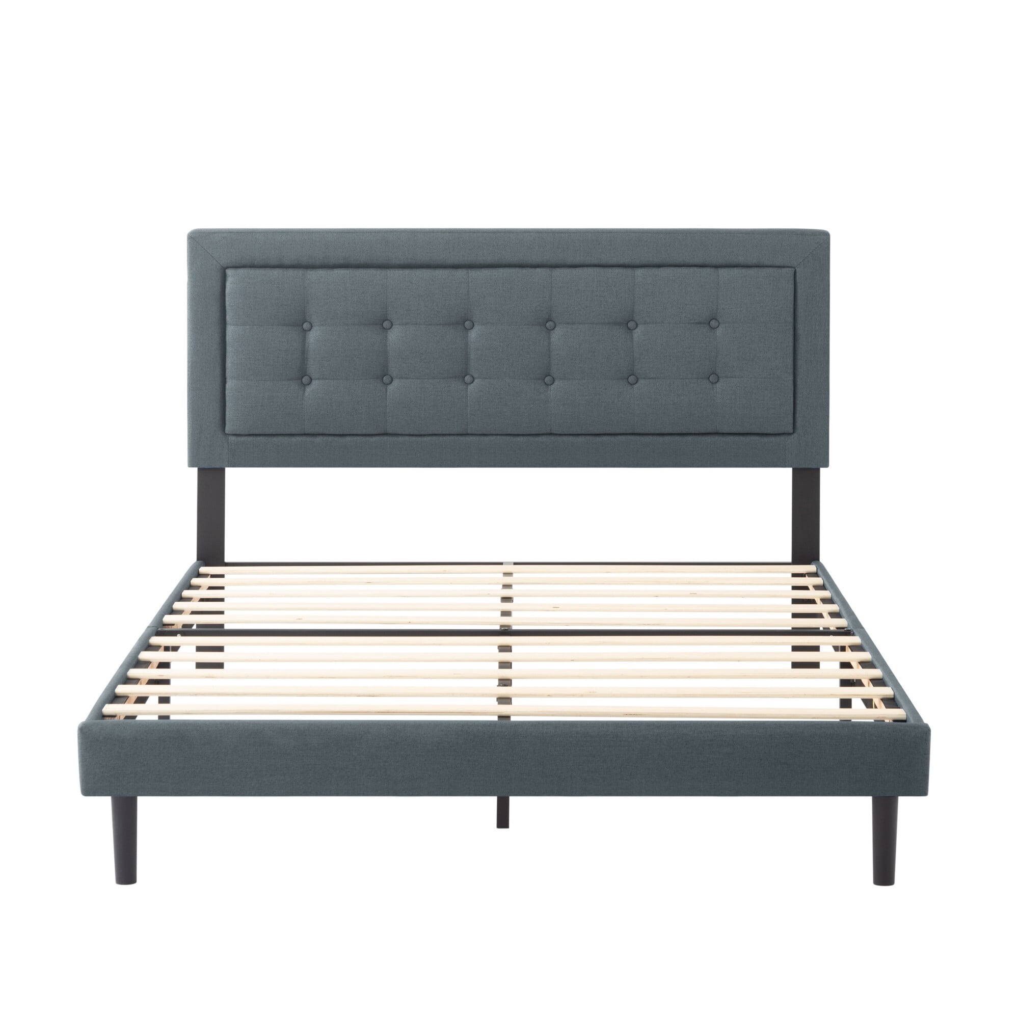 AENKYO Modern Full Size Upholstered Platform Bed Frame with Linen Fabric Headboard, No Box Spring Needed, Dark Gray