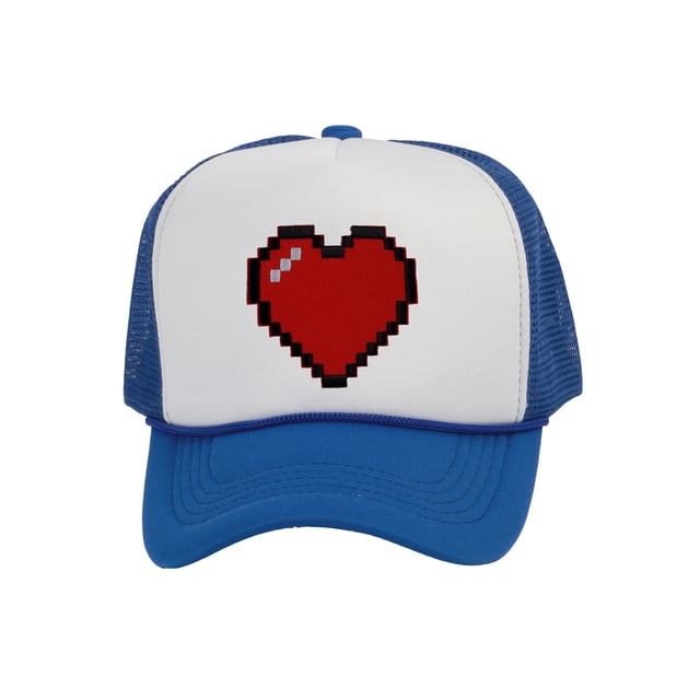 Men's 80's Retro Large 8 Bit Pixelated Heart Gamer Trucker Hat, White/Royal