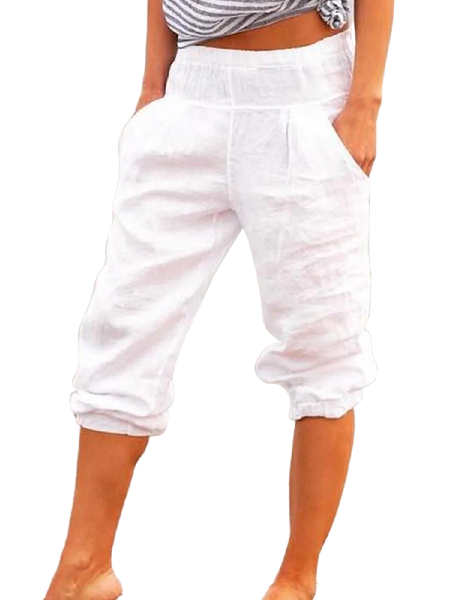 Frontwalk Casual Linen Capris Pants for Women Plain Crop Pants with ...