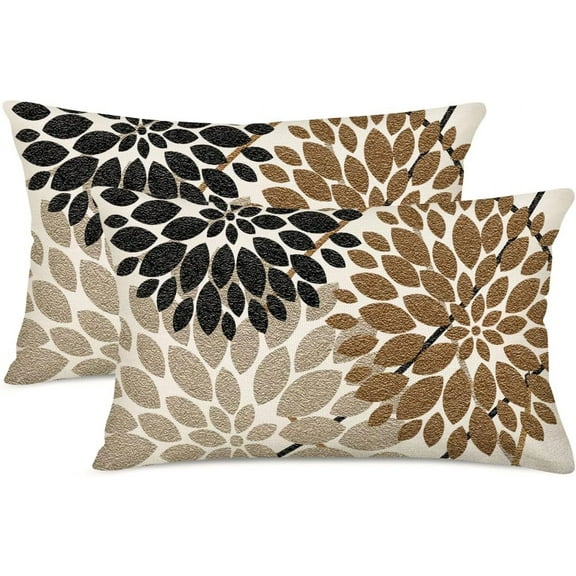 Brown Tan Black Pillow Covers 12x20 Inch Set of 2 Dahlia Floral Decor Throw Pillows Spring Summer Modern Geometry Flower Outdoor Decorative Cushion Cases for Sofa Couch Bed Decorations