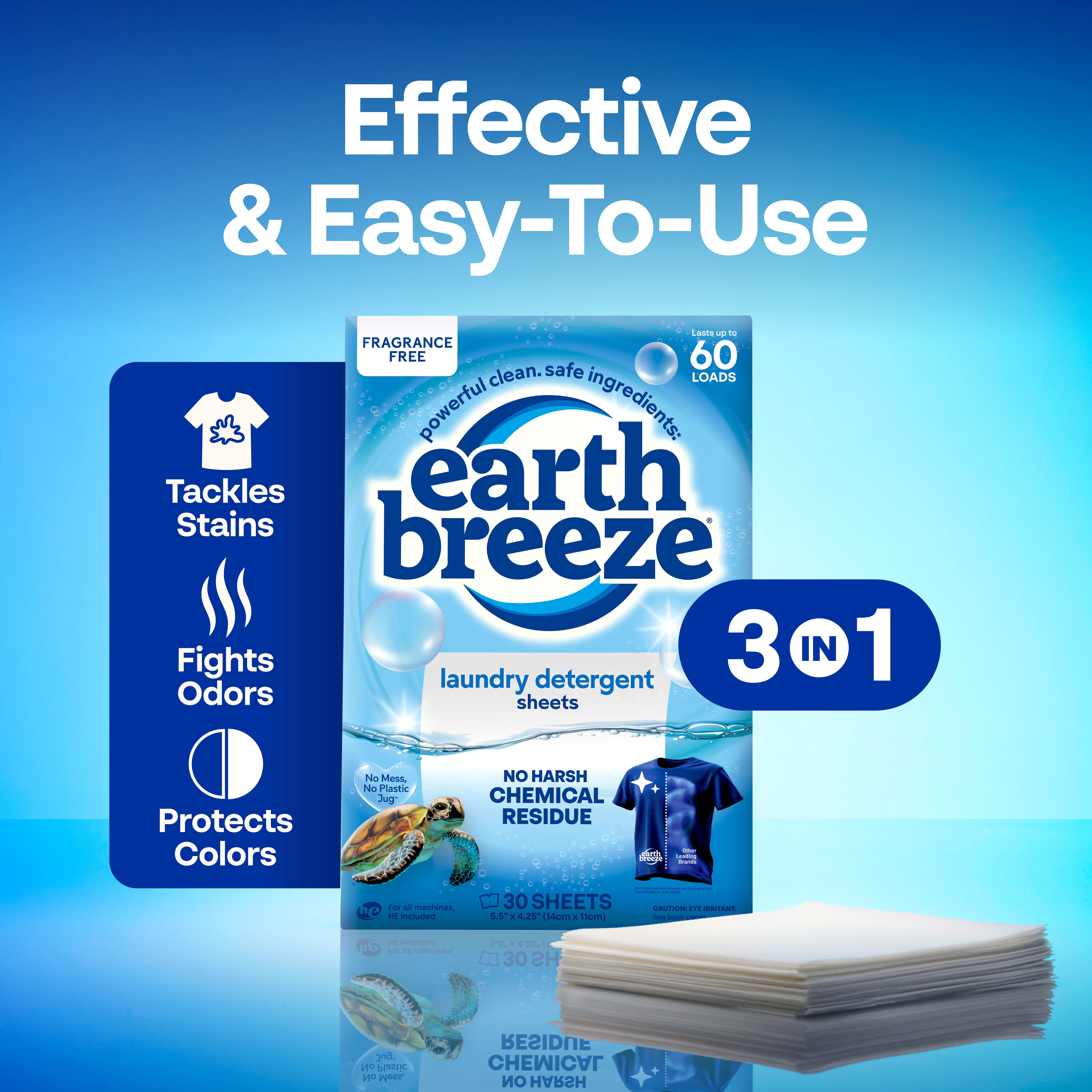 (8 pack) Earth Breeze Hypoallergenic Fragrance-Free Laundry Detergent Sheets, 60 Loads