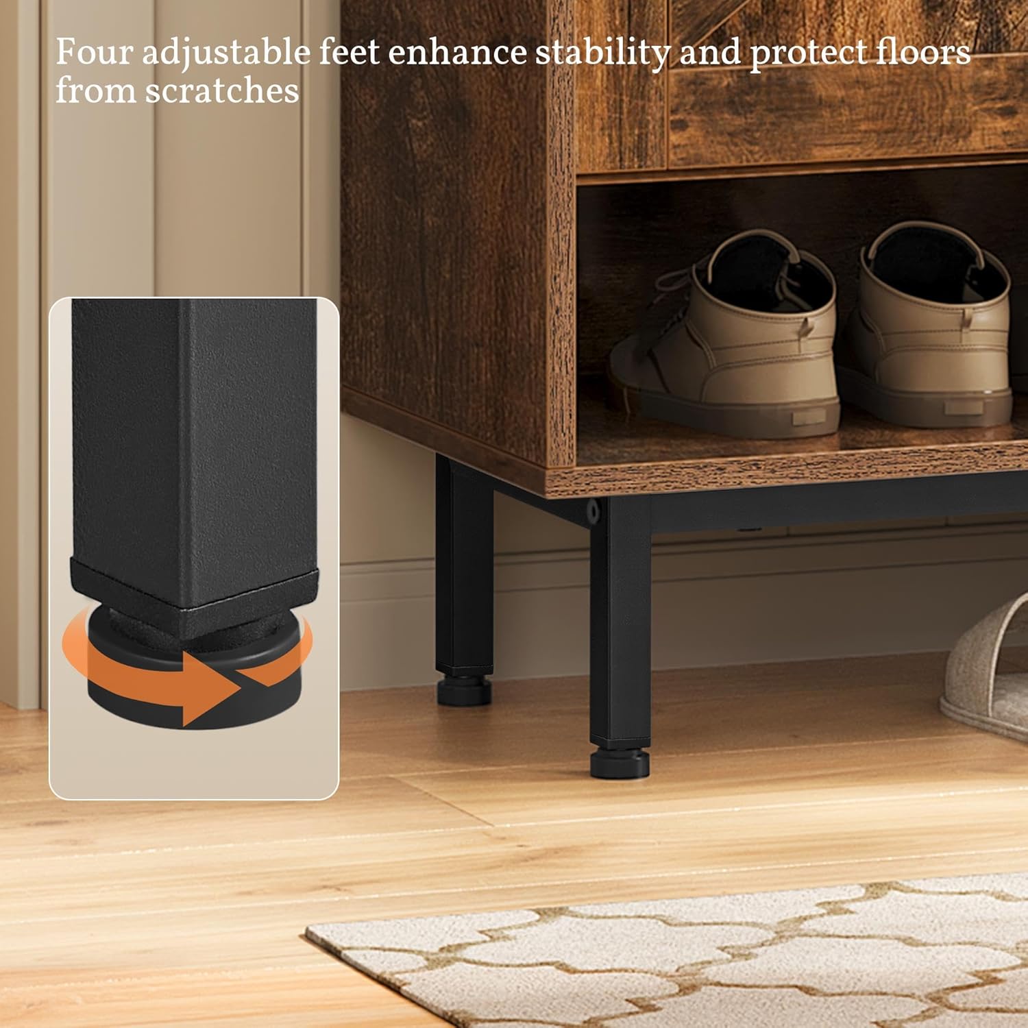 Shoe Storage Cabinet with Doors, Farmhouse Shoe Cabinet with 2 Adjustable Shelves and 4 Side Hooks, Wooden Shoe Rack Organizer Cabinet for Entryway, Foyer, Hallway, Rustic Brown