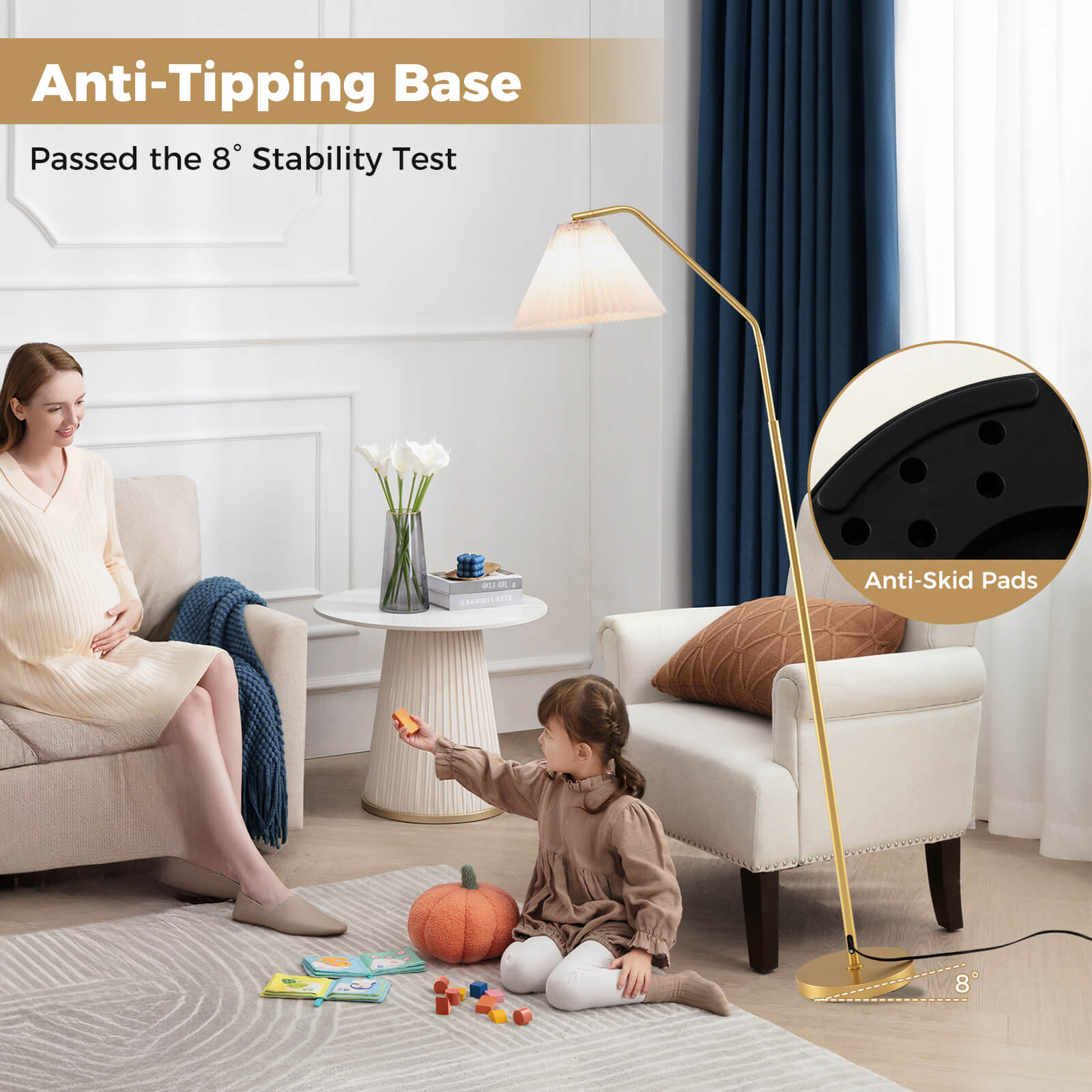 Costway 66” Arc Floor Lamp with Adjustable Lamp Head, Pleated Lampshade & Foot Switch