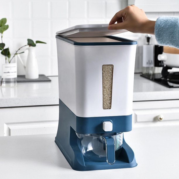 Dispensador de arroz, contenedor de grano sellado grande con tapa, cilindro de medición, a prueba de humedad, dispensador de cereales para el hogar, c Azul Macarena Recipiente de almacenamiento de arroz