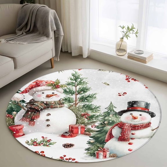 Round Rugs 3.3Ft, Snowman Christmas Round Area Rug Washable Indoor Throw Carpet, Xmas Tree Botanical Snowflake Soft Non Slip Circle Rug for Laundry Room Patio Home Decor Aesthetic