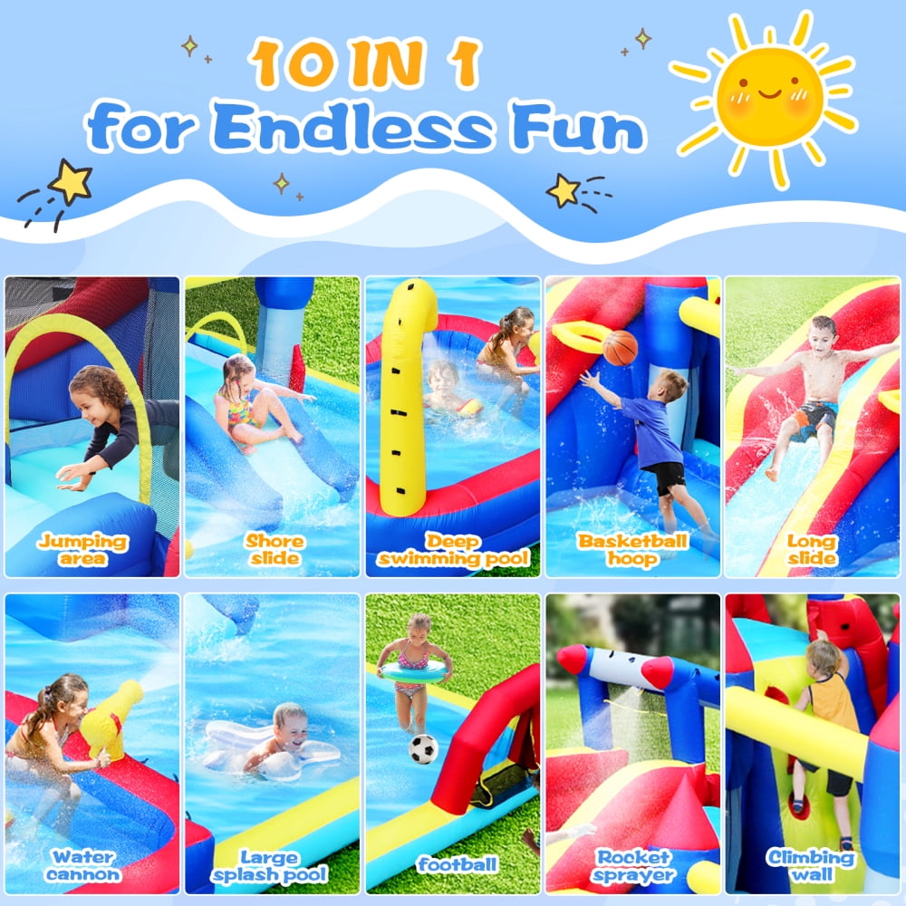 Holaki Inflatable Pool Water Slides,10 in1 Inflatable Slide Water Park Trampoline Bouncing House Yard with Splash Pool & Water Gun & Basketball & Climbing Wall & Dual Pools & Soccer (227*205*97 inch)