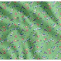 Soimoi Green Cotton Cambric Fabric Satellite & Planet Galaxy Decor Fabric Printed Yard 42 Inch Wide