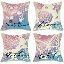 Spring Summer Decorative Throw Pillow Covers 18 x 18 Set of 4, Rose Floral Flower Home Sweet Home Porch Patio Outdoor Pillowcase, Butterfly Bloom Gather Stay Awhile Cushion Case Home Decor