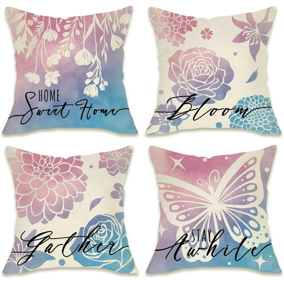 Spring Summer Decorative Throw Pillow Covers 18 x 18 Set of 4, Rose Floral Flower Home Sweet Home Porch Patio Outdoor Pillowcase, Butterfly Bloom Gather Stay Awhile Cushion Case Home Decor