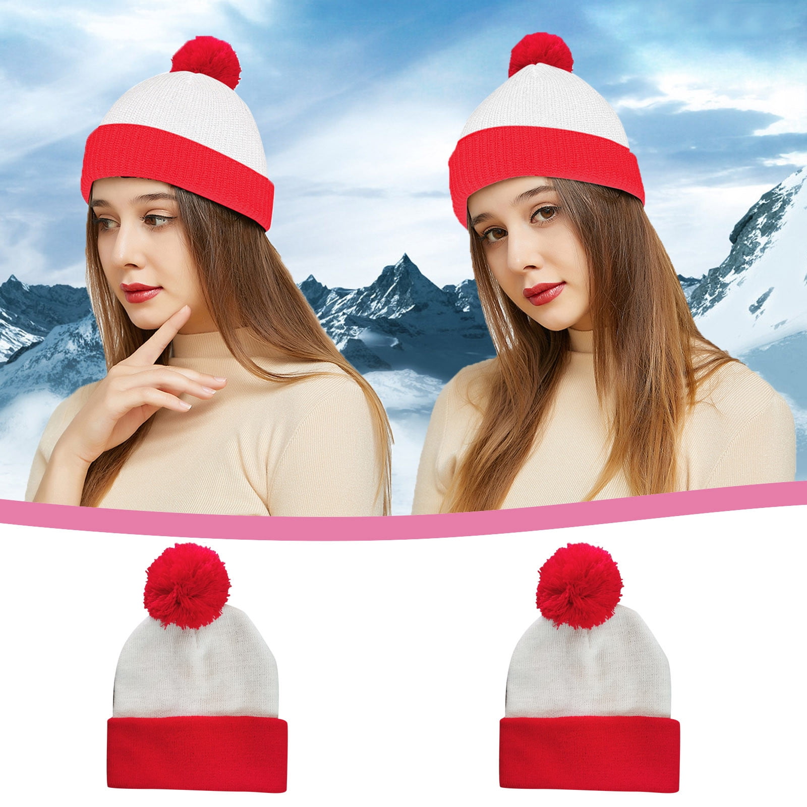 COUVER White Red Pom Pom Cuff Beanie Hat 12