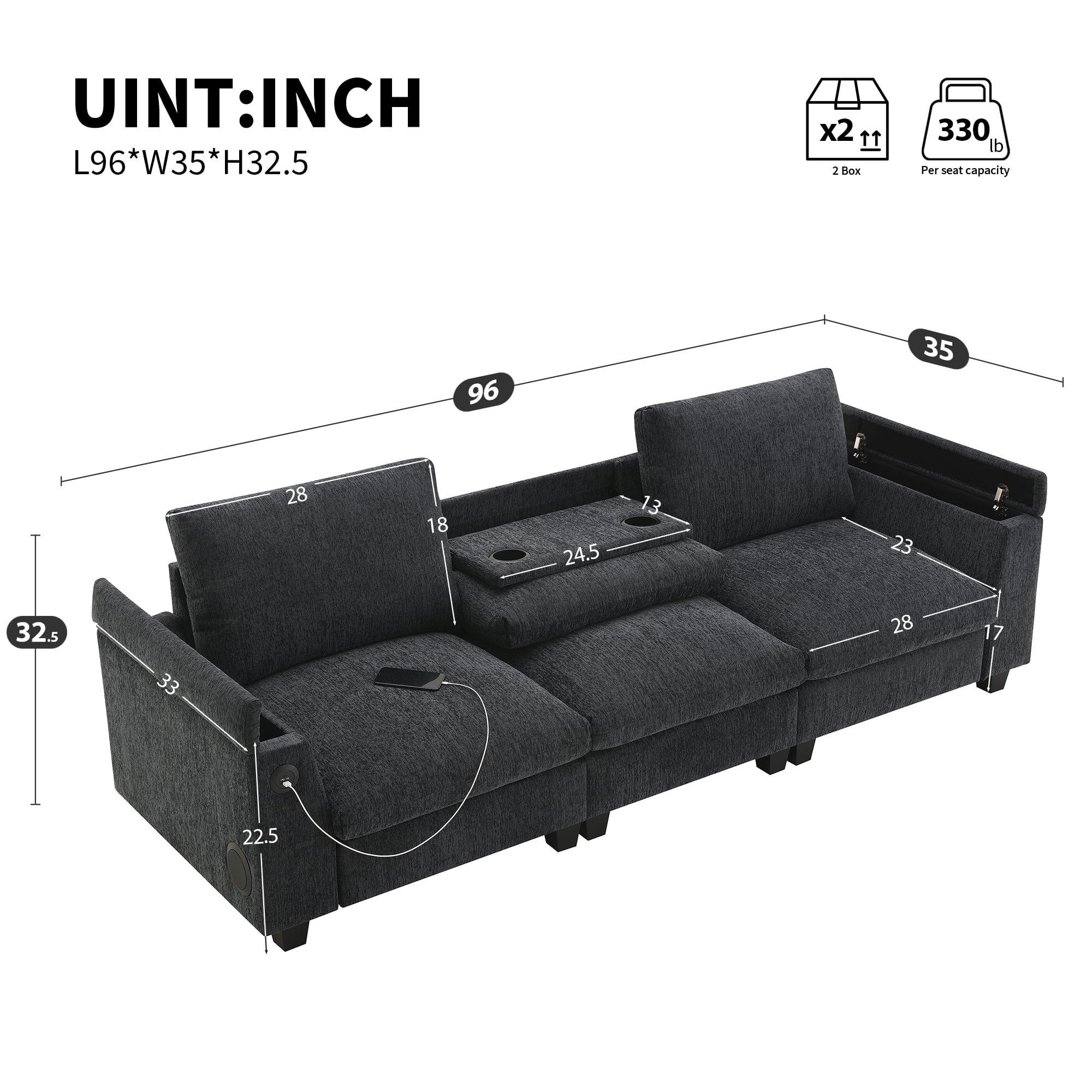 MAYEERTY 96x35" Chenille Sectional Sofa - Bluetooth Speaker, Drop Down Table/Cup Holders/USB/Storage, Wide Seat for Living Room/Apartment/Office, 3 Colors