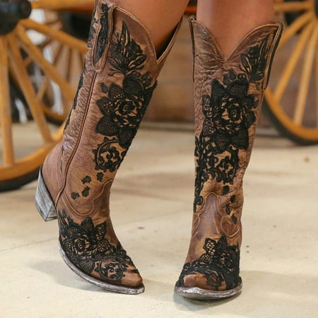 

YOTAMI Womens Shoes Mid-heel Sleeve Ethnic Embroidered Women s Boots With Thick and Mid-heel Sleeves Brown