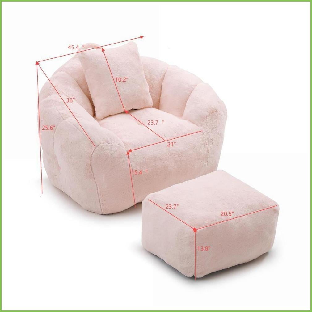 Oversized Faux Fur Bean Bag Chair with Footstool – Lazy Sofa for Adults & Kids | Faux Fur | Curved