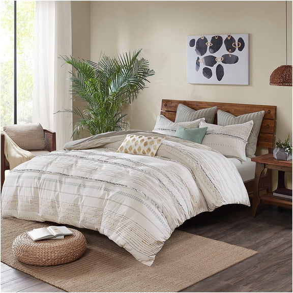 JERFIT Bohemian Stripe King Comforter Set with Tassels, 100% Cotton Bedding Set, Off White & Gray Reversible Duvet Insert and Shams